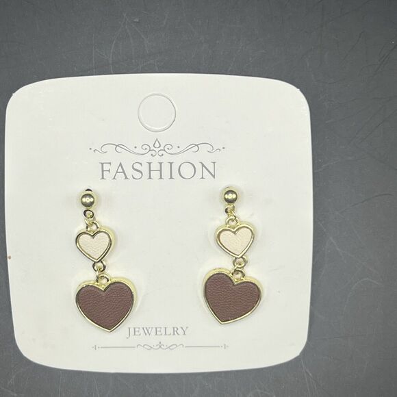 Earrings Hearts Dangle Drop Gold Pink Fashion Jewelry Post Back - Picture 1 of 10